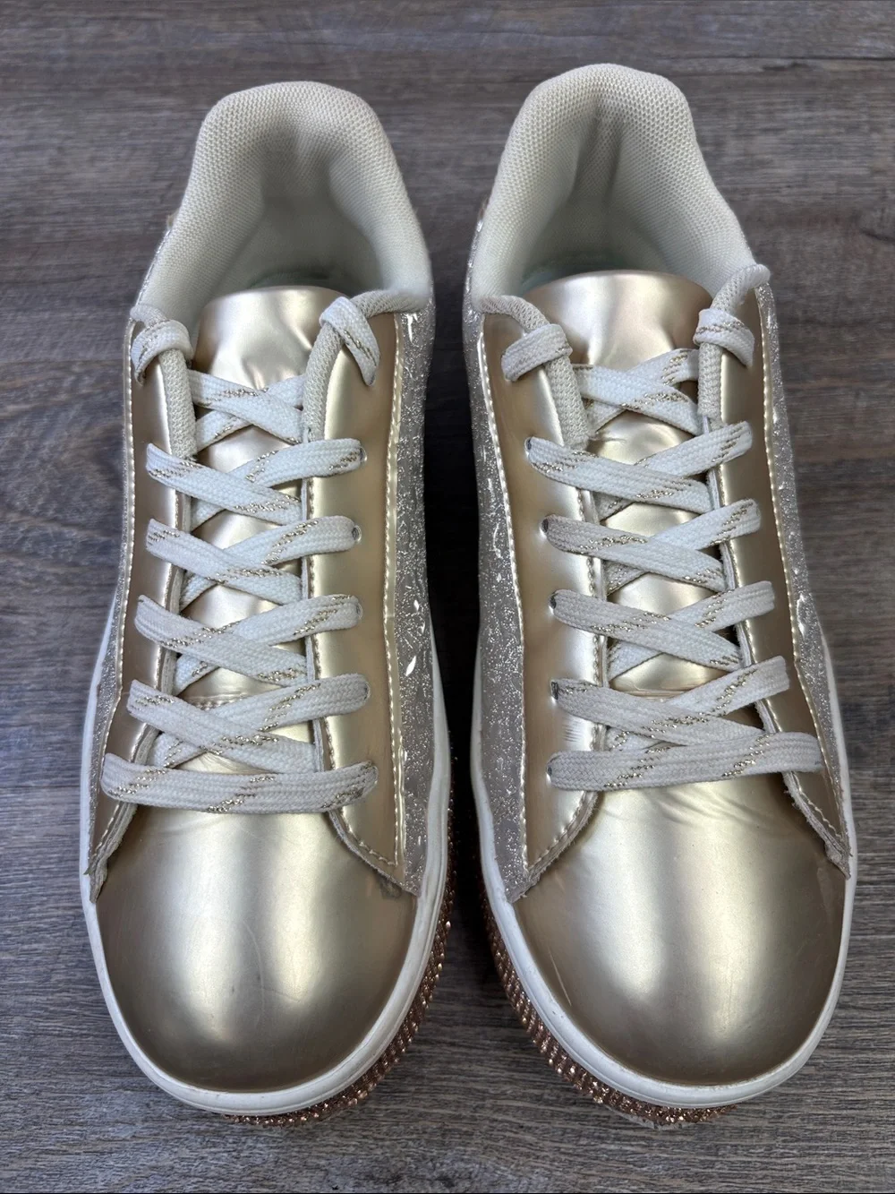 UUBARIS Gold Glitter Leopard Platform Sneakers Rhinestone Sole Women’s Size 7.5